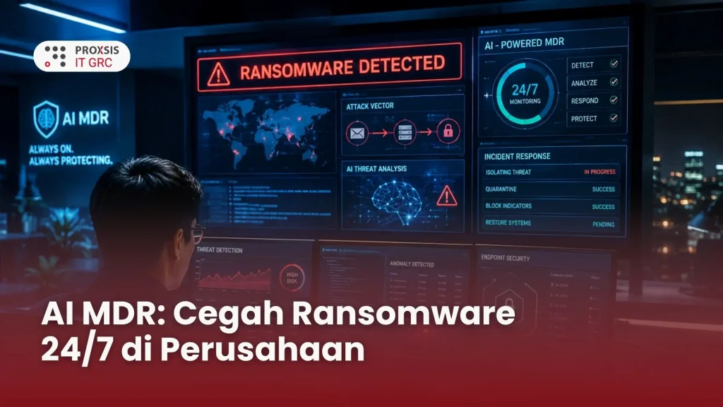 Ilustrasi hacker melakukan serangan ransomware pada server perusahaan di malam hari.